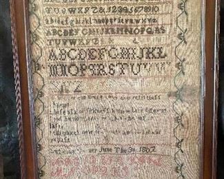 Antique Framed Needlepoint Sampler from 1803,  during the American Federal Period 