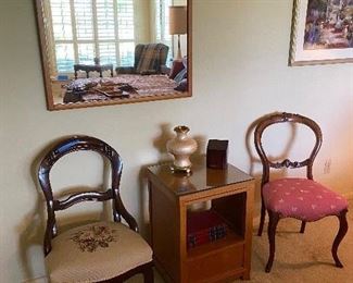 A pair of mid 19th century ballon back side chairs and mid century modern end table 
