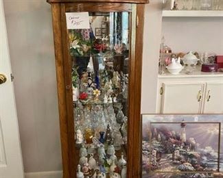 Oak Cabinet with glass front, collection of bells and angels
