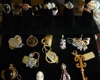 10 & 14K white gold diamond heart, morganite, tiger eye key, silver & gold butterfly. tourmaline ring