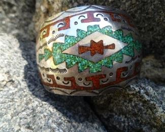 Native American inlaid cuff, coral & turquoise.