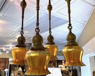Quezel Four Light Hanging Fixture and Pair Matching squared brass single light sconces