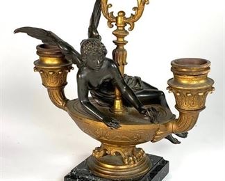 French Empire Figural Bronze Two Light Chamberstick