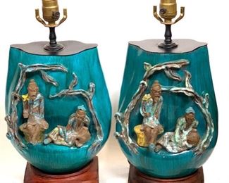 Pair Marcello Fantoni Glazed Ceramic Lamps, c.1960