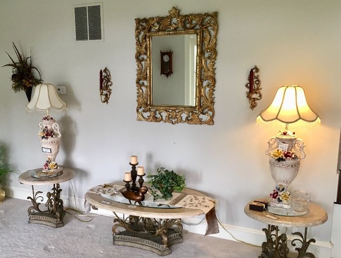 Pair of Beautiful Vintage Capodimonte Lamps and Excellent Coffee and end tables.