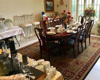 Very Fine Cherry wood Dining table, chairs, and fine china. Table does have extension leaf. 