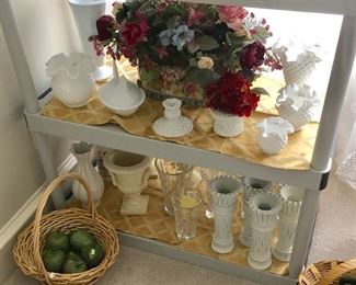 Milk Glass, Vases, and Floral arrangement.