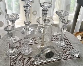 Nice Crystal Candle Holders & Glass Clock.