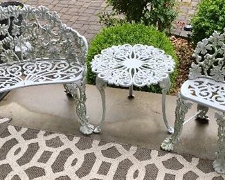 Super High End Quality Vintage Cast Aluminum Bench, chair, and table, sold as set.