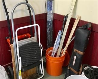 Step stools, Handcart, and more garage tool items.