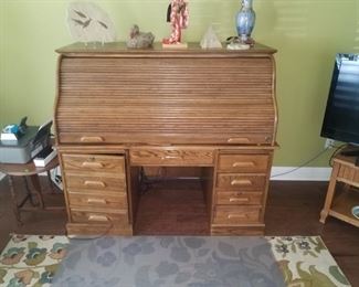  Available for presale, priced @ $ 400    Call for purchase.  Nice clean, damage free roll top desk, w/ comp storage. Dimensions 58" x 53" x 36"