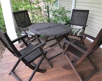 Teak Table & 4 Chairs with Sunbrella Cushions - 35" diam., table folds for storage $325
