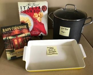 Lot 20- cast iron enamel casserole Denmark (2 chips to bottom rim), used Calphalon stock pot, 2 cookbooks $18 (orig. $25)