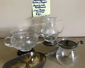 Sterling base cream and sugar, sterling lid condiment, silver plates ice scoop $20