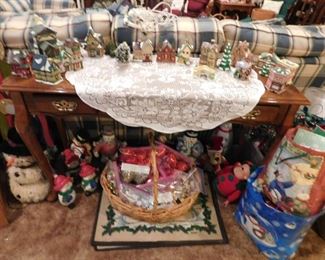 Sofa Table, snowmen, Christmas village,