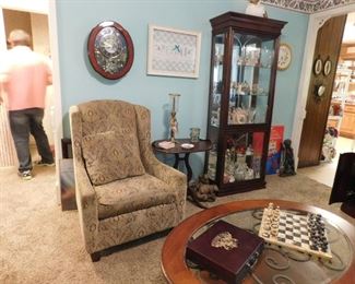 Lyre Lamp Table, Narrow Curio, Great Upholstered Chair.