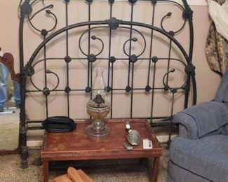 Antique Iron Bed, Oil Lamp