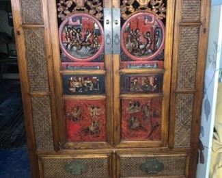 Antique Asian Carved lacquer inlay panels CABINET