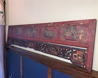 Antique carved and painted Chinese opium bed entry carved overhead board