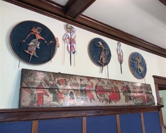 19c Chinese painted altar board, Antique Indonesian puppets mounted on a round plates 