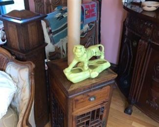 Asian vintage cabinet side table, vintage tiger sculpture
