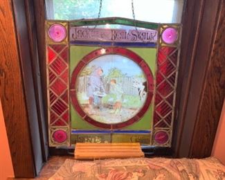 Antique Tiffany style stained and painted glass panel, from series Jack and a Bean stalk