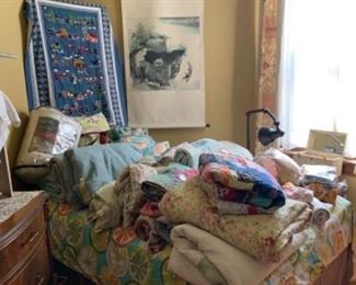 quilts, blankets, goos down blanket, comforters, Japanese scroll 19c, Q size bed, lamp