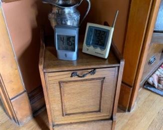 alarm clocks, little side cabinet, antique pitcher