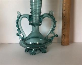 lot #195 blown glass handled vase, $18