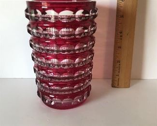 Lot #198 cranberry cut crystal vase, $18