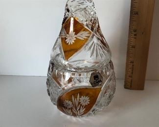 Lot #201 covered pear crystal dish, $16