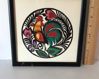 Lot #211 Polish cut paper rooster,framed, $22