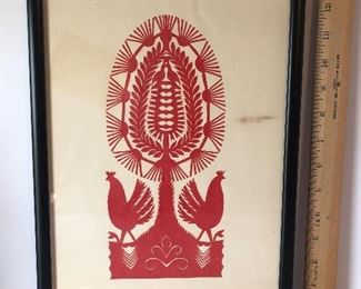 Lot #213 Polish cut paper, red chickens, discoloring to background paper, $16