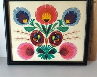 Lot #214 colorful Polish cut paper flowers and birds, framed, $20