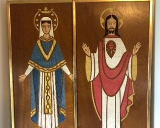Lot #229 pair of lovely wooden large wall art,MCM Mary and Jesus, $80