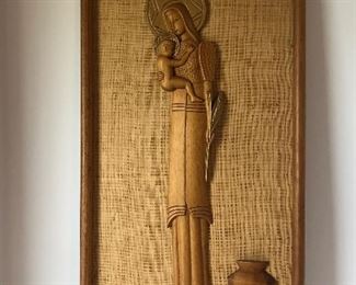 Lot #230 carver mother and child on a burlap back, MCM, $48