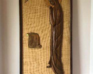 Lot #231 Lovely carved Mary on burlap backing, large, MCM, $48