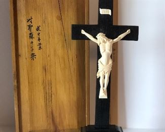 Lot #242 large carved bone? and wood crucifix with box, $68