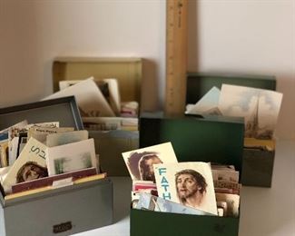 Lot #243 all four metal file boxes filled with prayer cards and clippings according to month, $24