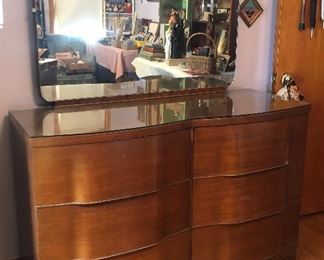 Lot #248 long dresser with mirror and glass top, some minor touch up may need to be done, but overall very nice, $240