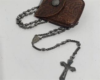 Lot # 276 smaller made in France metal rosary in leather pouch, $24