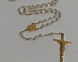 Lot #282 gold tone mother of pearl rosary, $10