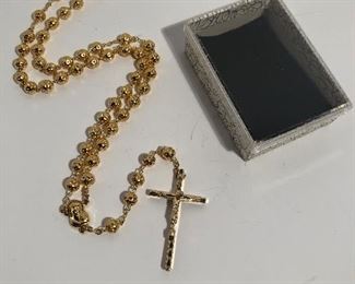 Lot #293 gold tone rosary in box, $12
