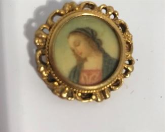 Lot #316 miniature portrait Mary pin, hand painted, $48 