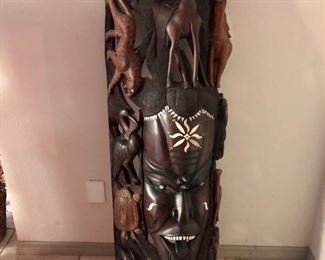 5'+ wood carved mask with animals