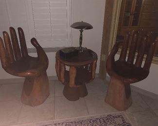 Wood carved hand table & 2 chairs
