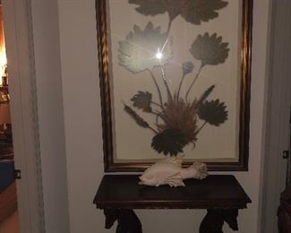 cut wood flower art, table with greyhound bases