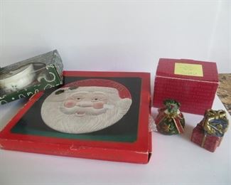 Assorted lot of Christmas ceramic:  Winterberry Pfalzgragh dip set, Santa cookie plate, Fitz and Floyd gift box salt and pepper. $20 for for the lot.