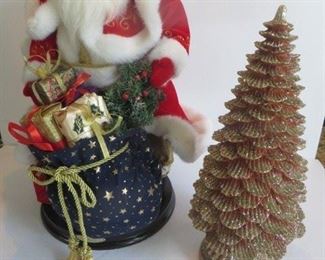 Christopher Radko 25th Anniversary 19"h Plush Santa and gold resin glitter tree, 15",    $50 for both