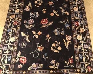 Floral Needlepoint Rug, black ground, 4’ x 6’ Asking $225